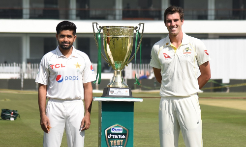 Babar Azam and Pat Cummins unveil Benaud-Qadir Test Series Trophy